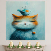 Adorable Painting of a Smiling Kitten with a Blue Bird on Its Head and Bell Collar Ideal for Whimsical Nursery Decor or Cat and Animal Lovers' Gifts on Ready to Hang 1.5" Thick Canvas Wrap, Floating Framed Canvas, Flat Rolled Canvas